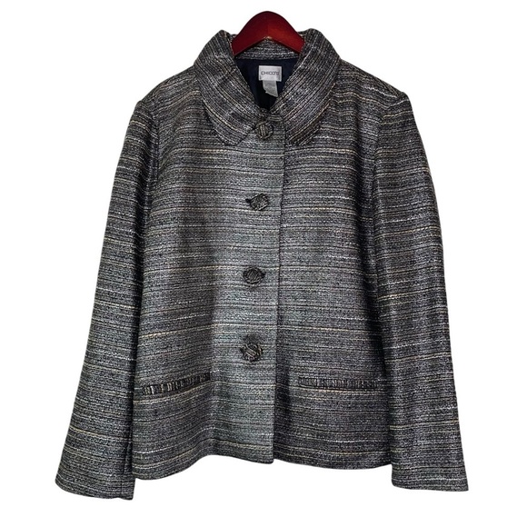 Chicos metallic thread blazer jacket button-front collared long sleeve silver XL - Picture 1 of 5